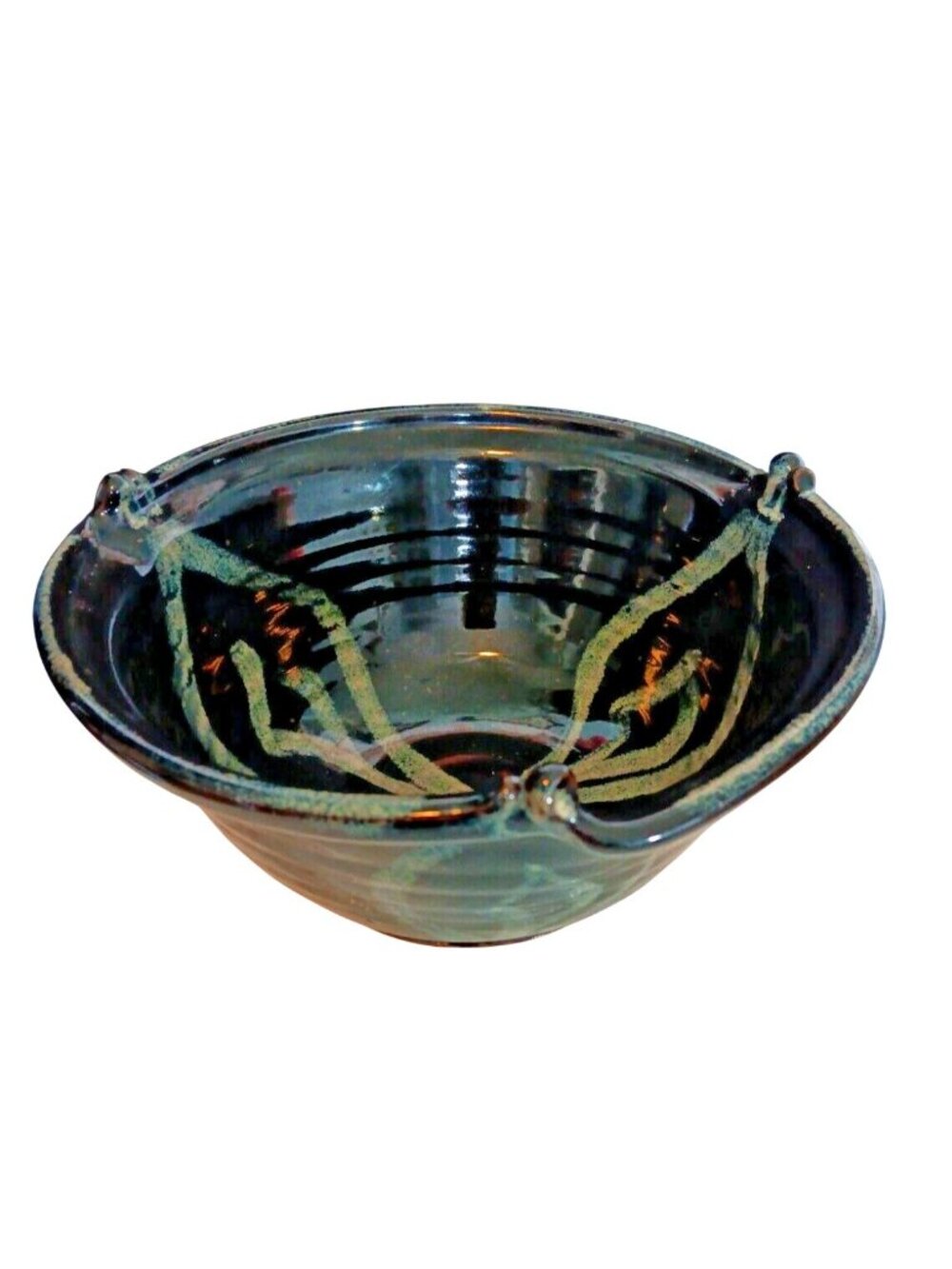 Handcrafted Ceramic‎ Bowl Abstract Design Black & Green Stoneware